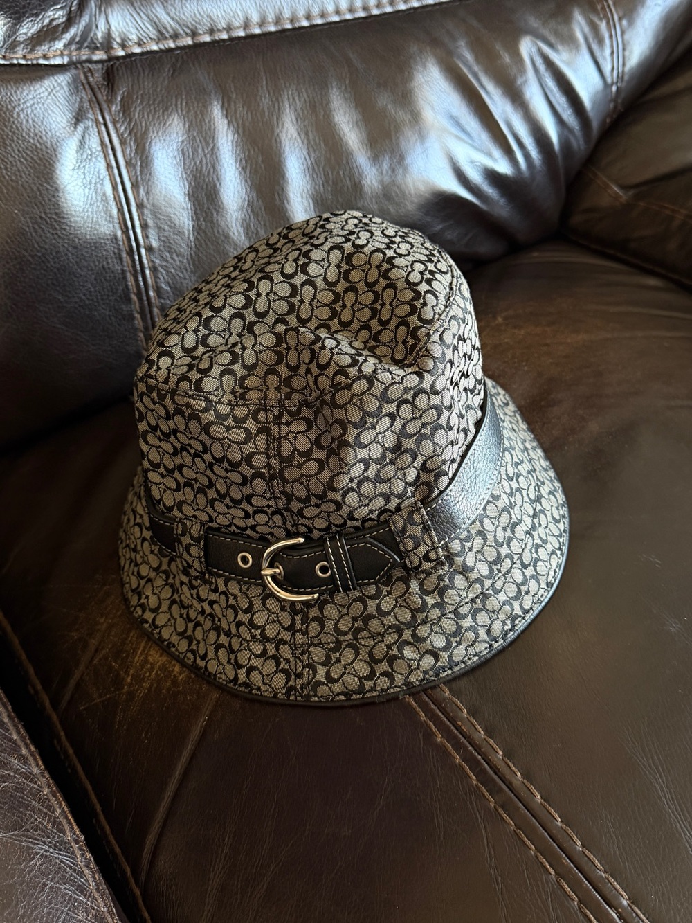 Vintage COACH Y2K Mini Signature Jacquard Bucket Hat Belted Charcoal Grey M/L FS